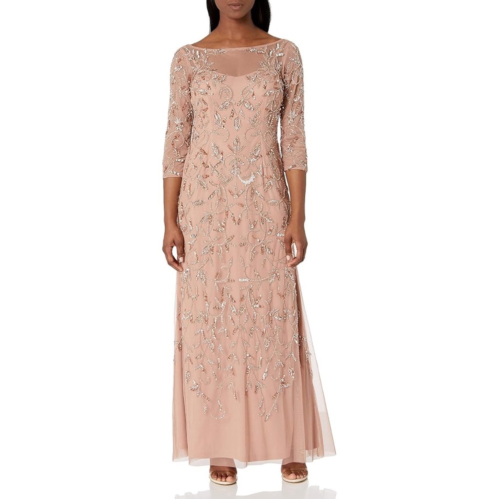 NWT Adriana Papell Beaded Gown Elbow Sleeve Scroll Bead Gown in Rose Gold